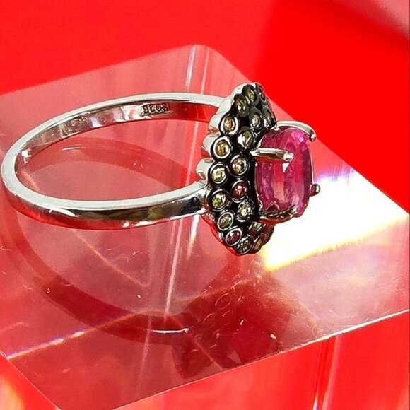 925 Sterling Silver with Natural Ruby 7x5mm & Sapphire Ring Sz 8.25 - Picture 4 of 7